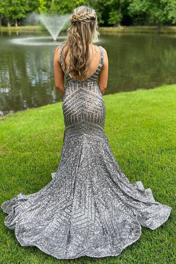 Red Sparkly Deep V Neck Sequin Mermaid Prom Dress