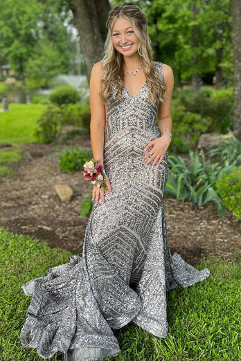 Red Sparkly Deep V Neck Sequin Mermaid Prom Dress