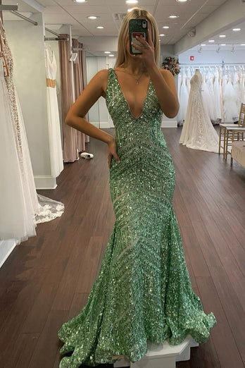 Sparkly Blue Deep V Neck Sequin Mermaid Prom Dress