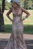 Load image into Gallery viewer, Orange Sparkly Deep V Neck Sequin Mermaid Prom Dress