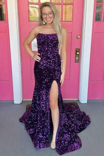 Grape Black Sequins Long Prom Dress with Slit_1