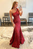 Load image into Gallery viewer, Dark Red One Shoulder Sequined Mermaid Prom Dress