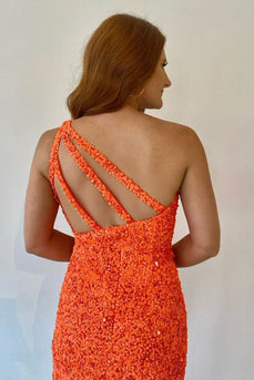 Sheath One Shoulder Orange Sequins Short Prom Dress