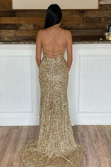 Mermaid Glitter Sequins Sexy Golden Backless Long Prom Dress