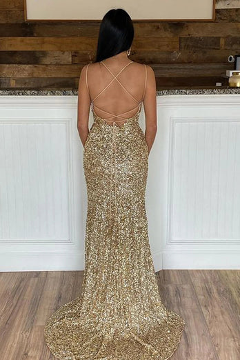 Mermaid Glitter Sequins Sexy Golden Backless Long Prom Dress