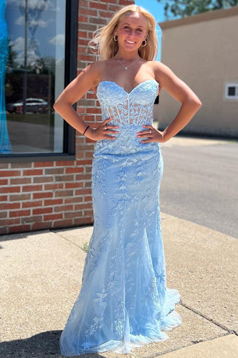 Light Blue Strapless Prom Dress with Appliques_1