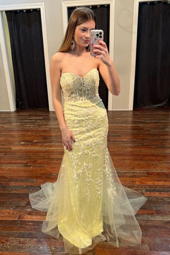 Yellow Strapless Prom Dress with Appliques_1