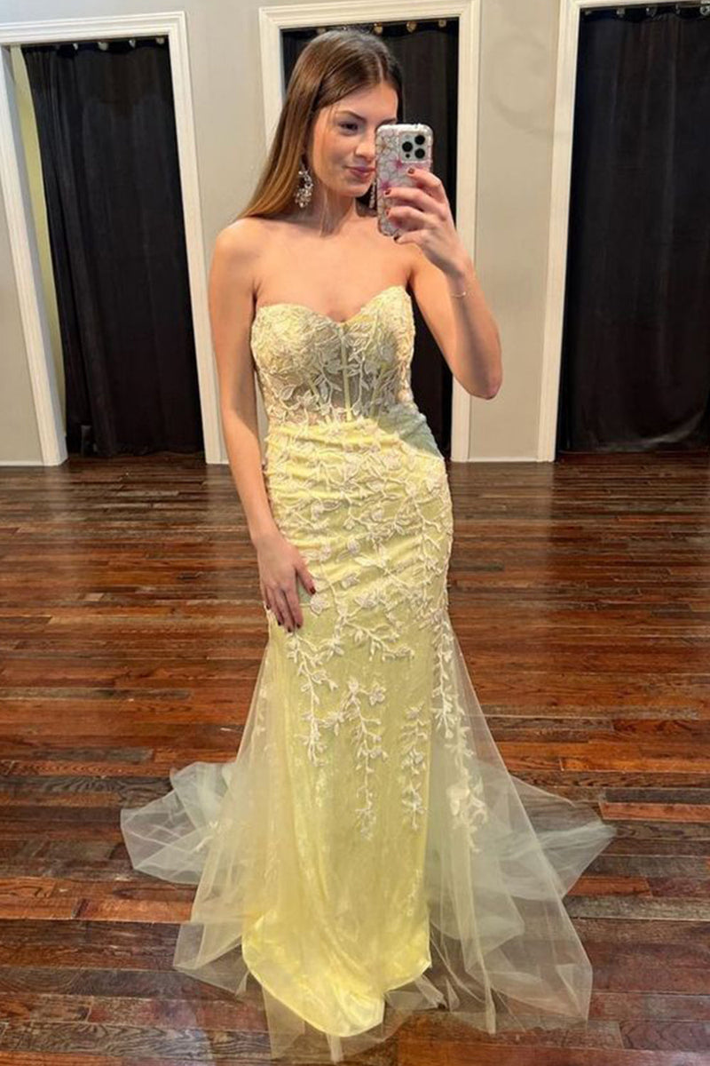 Load image into Gallery viewer, Yellow Strapless Prom Dress with Appliques_1