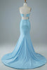 Load image into Gallery viewer, Blue Strapless Mermaid Prom Dress