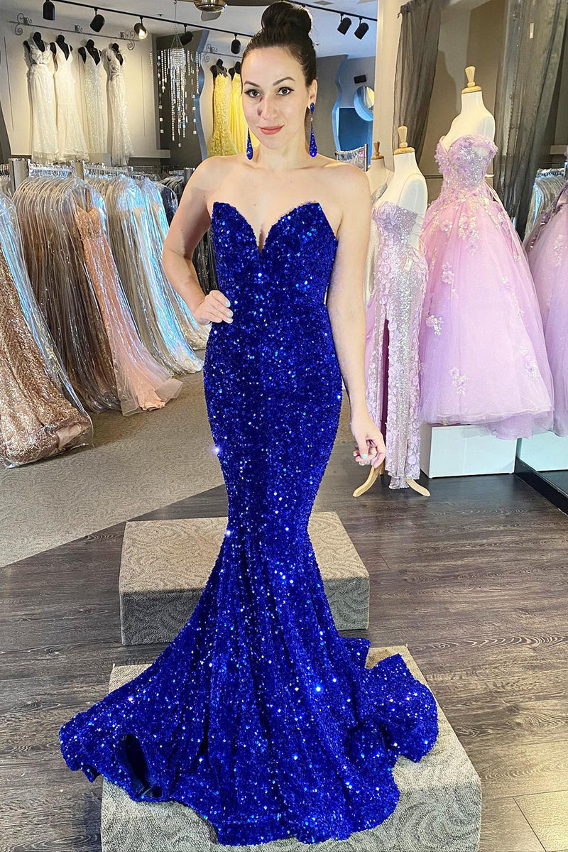 Load image into Gallery viewer, Golden Sweetheart Neck Sequined Mermaid Prom Dress With Sweep Train