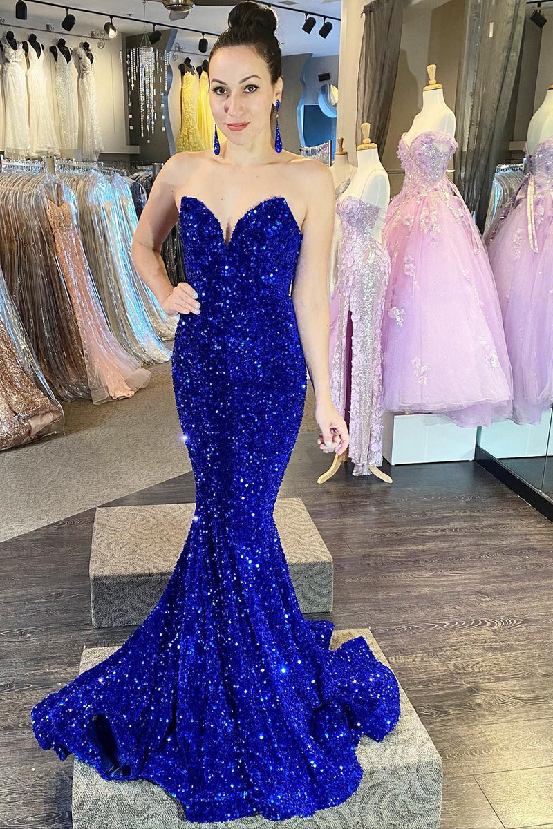 Load image into Gallery viewer, Strapless Sequins Royal Blue Mermaid Prom Dress