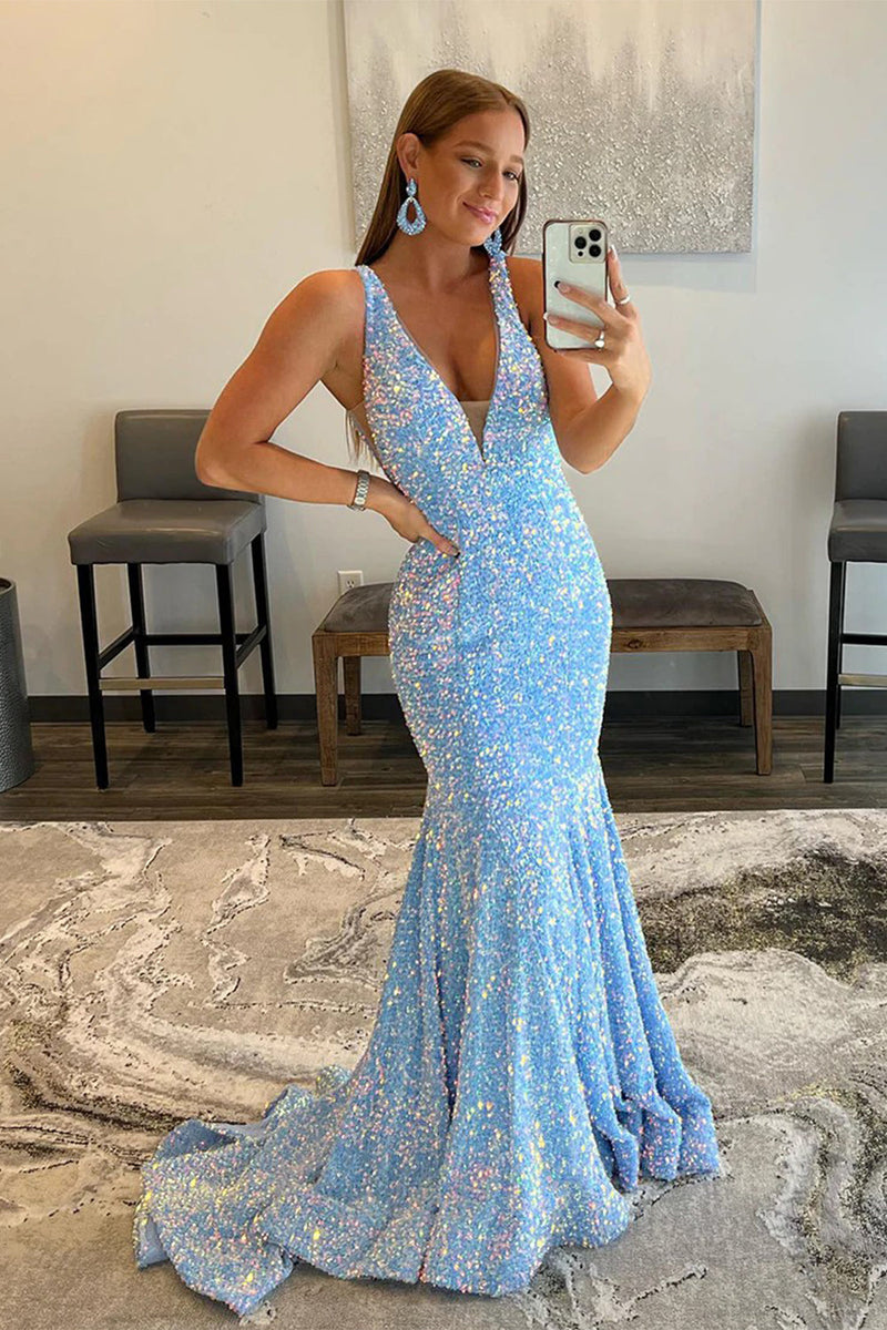 Load image into Gallery viewer, Light Blue Deep V Neck Mermaid Prom Dress