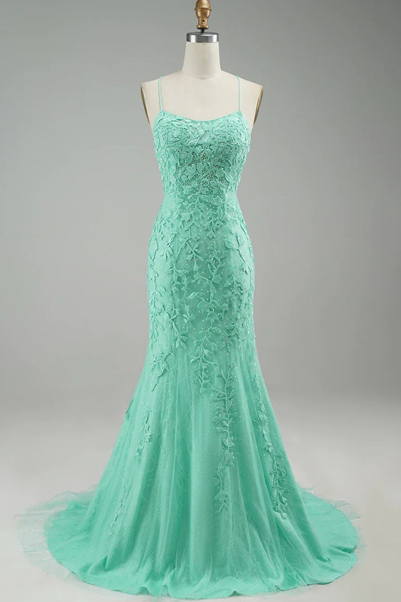 Load image into Gallery viewer, Mint Spaghetti Straps Appliques Prom Dress