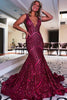 Load image into Gallery viewer, Red Sparkly Deep V Neck Sequin Mermaid Prom Dress