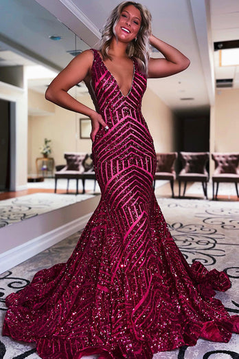 Orange Sparkly Deep V Neck Sequin Mermaid Prom Dress