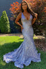 Load image into Gallery viewer, Sparkly Blue Deep V Neck Sequin Mermaid Prom Dress