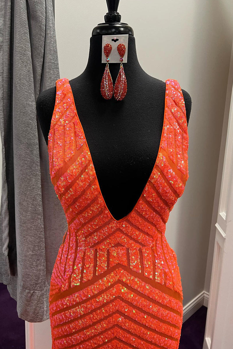 Load image into Gallery viewer, Orange Sparkly Deep V Neck Sequin Mermaid Prom Dress