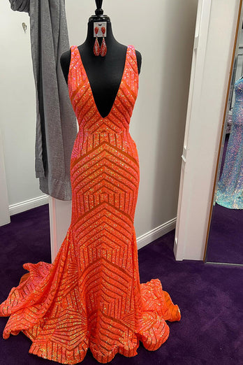 Orange Sparkly Deep V Neck Sequin Mermaid Prom Dress