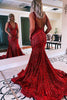 Load image into Gallery viewer, Red Sparkly Deep V Neck Sequin Mermaid Prom Dress