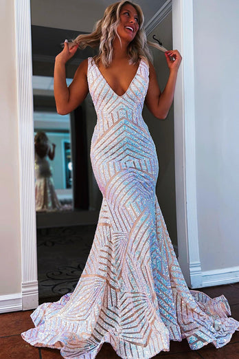 Orange Sparkly Deep V Neck Sequin Mermaid Prom Dress