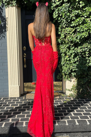 Red Strapless Prom Dress with Appliques_3