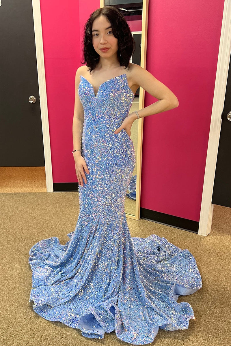 Load image into Gallery viewer, Strapless Sequins Royal Blue Mermaid Prom Dress