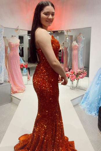 Golden Sweetheart Neck Sequined Mermaid Prom Dress With Sweep Train