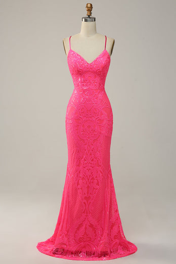 Sparkly Mermaid Backless Hot Pink Sequins Long Prom Dress