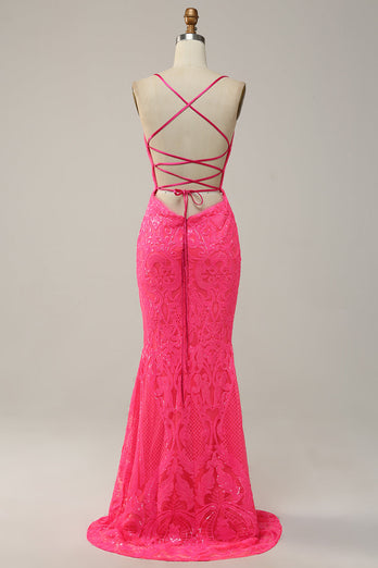 Sparkly Mermaid Backless Hot Pink Sequins Long Prom Dress