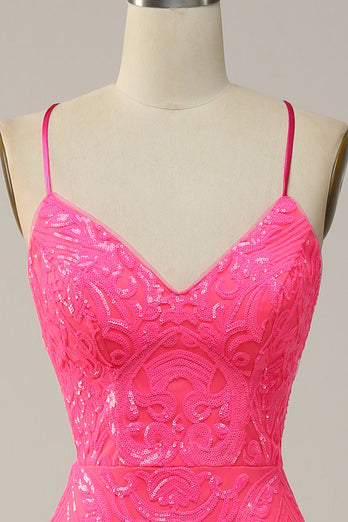 Sparkly Mermaid Backless Hot Pink Sequins Long Prom Dress