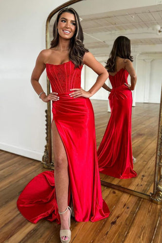 Beautiful Red Formal Evening Gowns Crossover Strapless Style