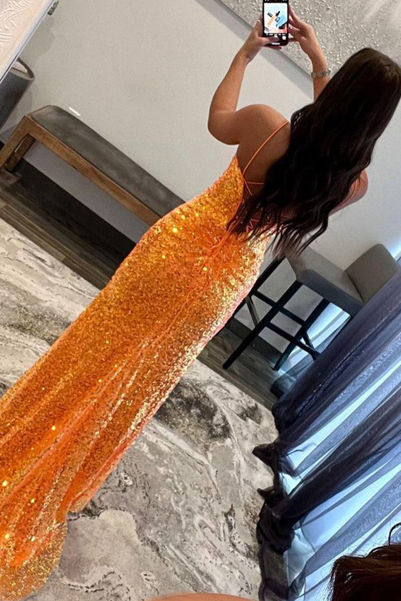 Load image into Gallery viewer, Sparkly Orange Sequins Long Prom Dress with Slit