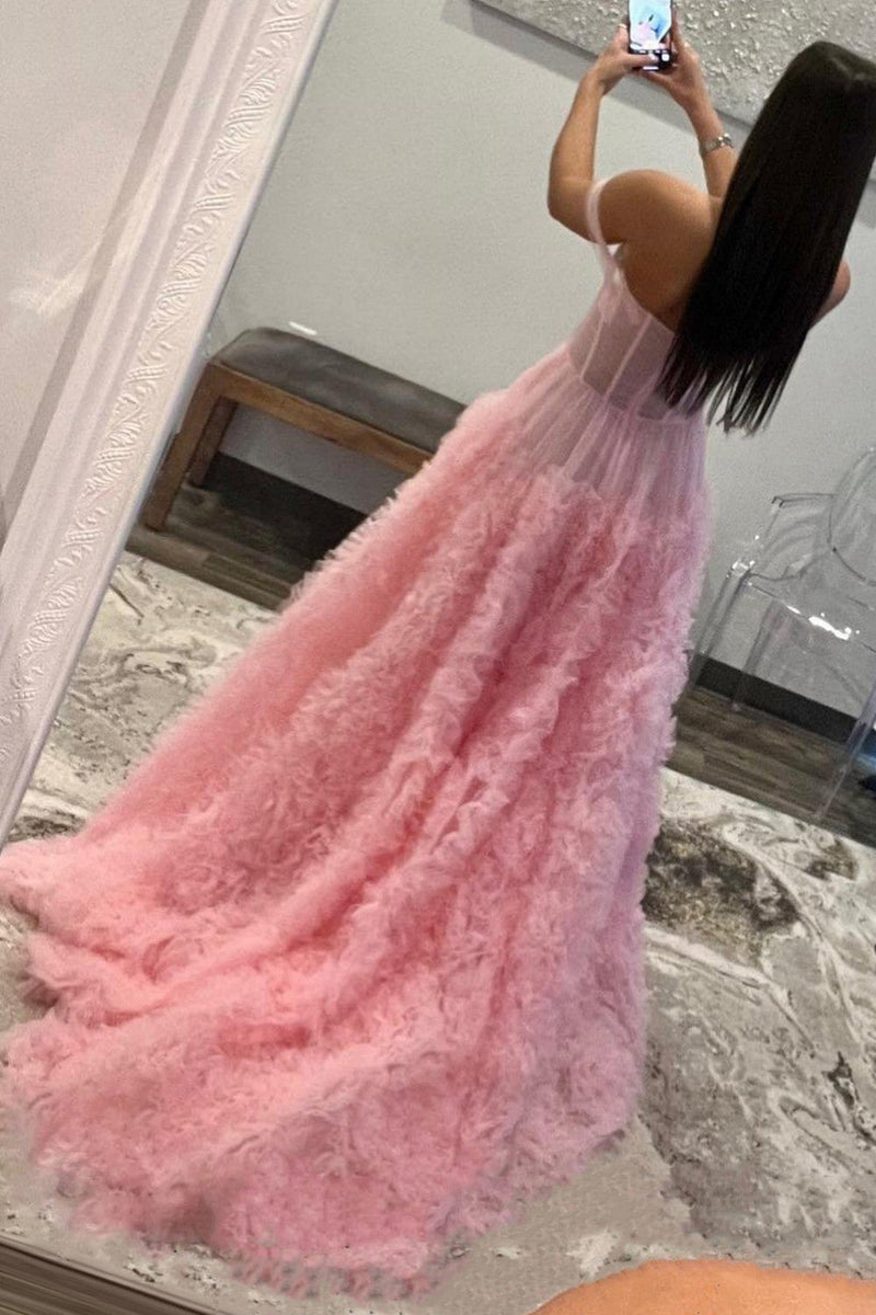 Load image into Gallery viewer, Pink Corset Off the Shoulder Long Prom Dress with Ruffles