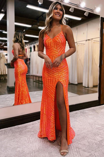 Sparkly Orange Open Back Sequins Long Prom Dress with Slit