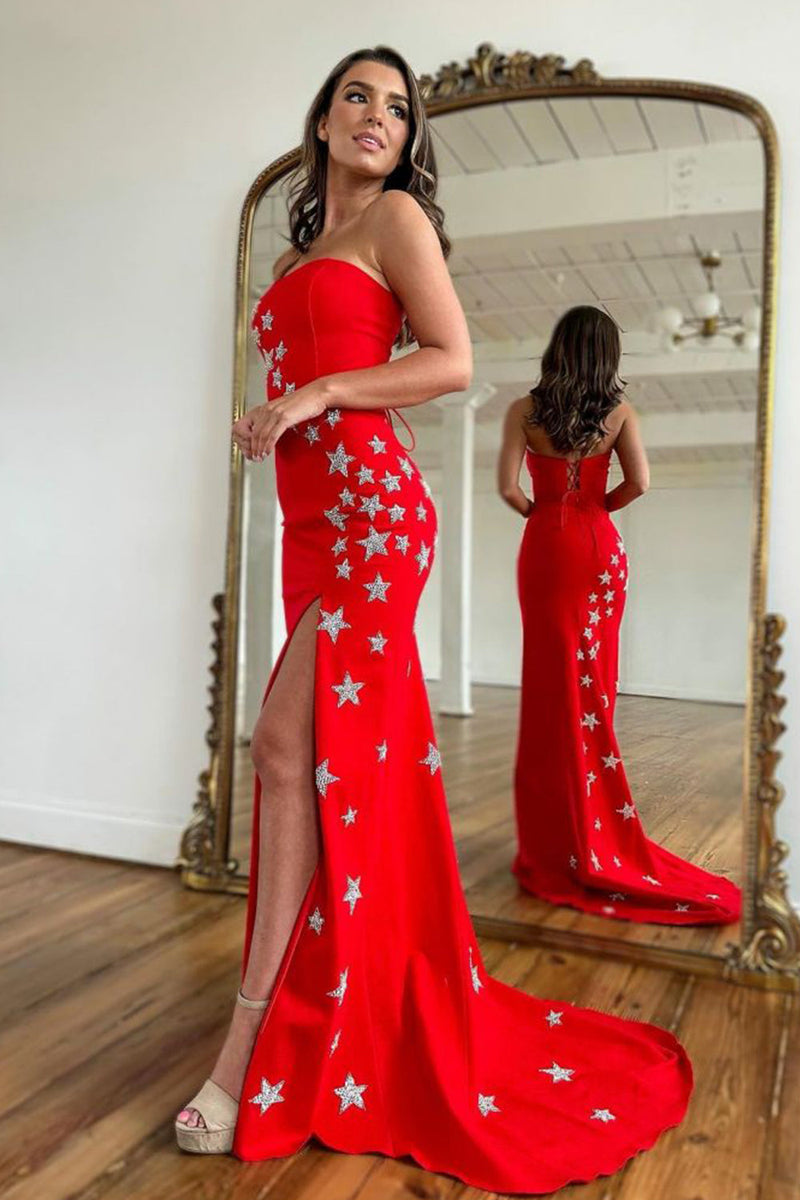 Load image into Gallery viewer, Red Strapless Mermaid Long Prom Dress with Stars