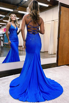 Queendancer Women Royal Blue Long Prom Dress Glitter Corset Formal Dress  With Slit – queendanceruk
