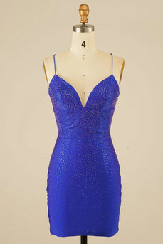 Royal Blue Halter Beaded Tight Short Prom Dress