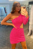 Load image into Gallery viewer, Fuchsia Waist Cut Out One Shoulder Tight Sequins Party Dress with Sleeves