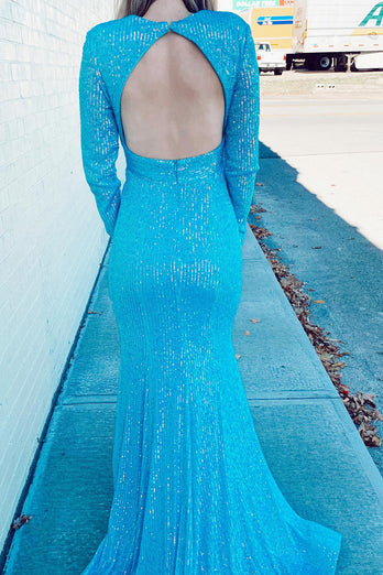 Mermaid Glitter Navy Sequins Mesh Evening Dress Backless Prom Dress