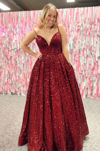 Sparkly Hot Pink Sequins A-Line Long Prom Dress