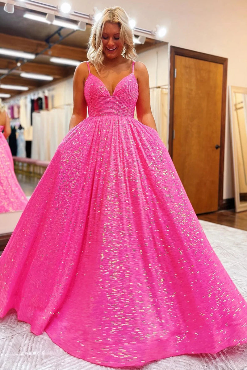 Load image into Gallery viewer, Sparkly Hot Pink Sequins A-Line Long Prom Dress