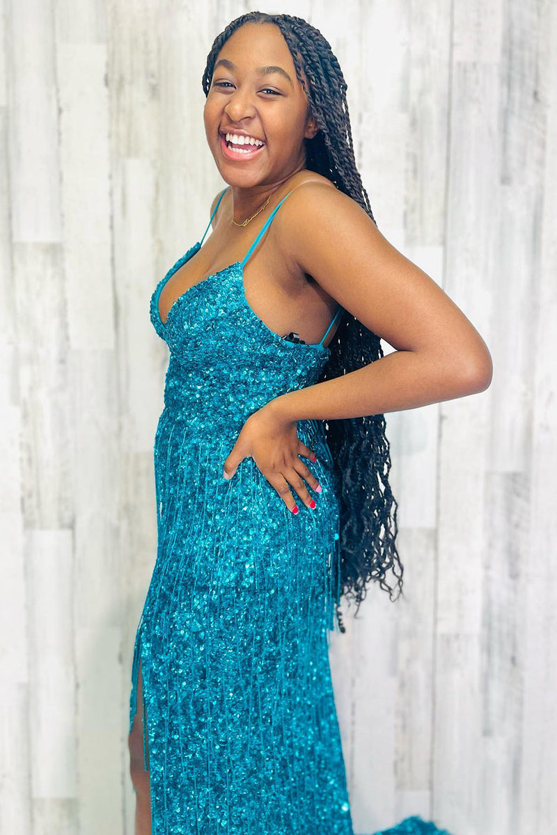 Load image into Gallery viewer, Sparkly Turquoise Mermaid Sequins Long Prom Dress with Fringes