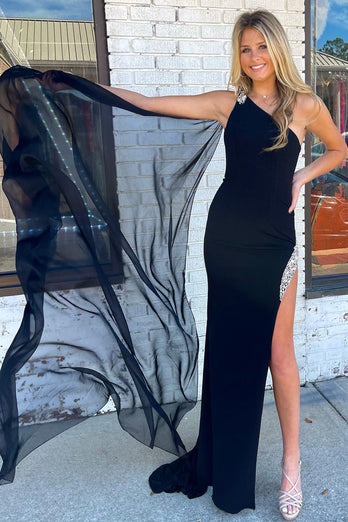 Mermaid One Shoulder Black Long Prom Dress with Split Front