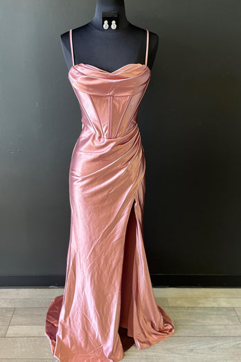 Hot Pink Spaghetti Straps Satin Mermaid Prom Dress with Slit