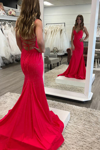 Hot Pink Sequined Spaghetti Straps Prom Dress