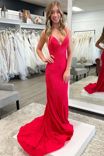 Hot Pink Sequined Spaghetti Straps Prom Dress