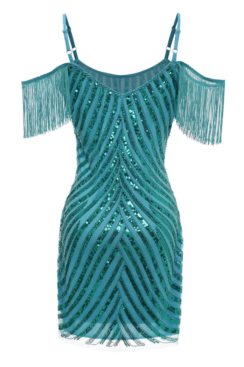 Load image into Gallery viewer, Sparkly Turquoise Tight Sequins Short Prom Dress with Fringes