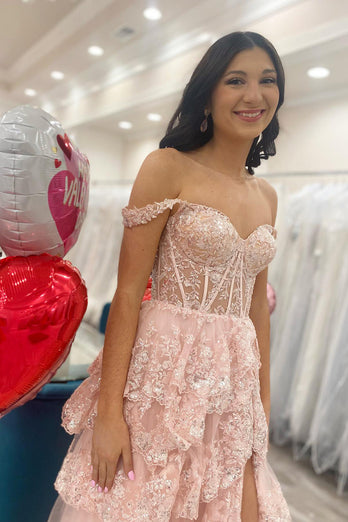 Pink Off The Shoulder Tiered Prom Dress