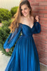 Load image into Gallery viewer, Navy Off Shoulder Long Sleeves Prom Dress with Ruffles