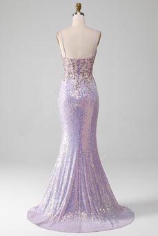 Lilac Sparkly Spaghetti Straps Mermaid Prom Dress with Slit